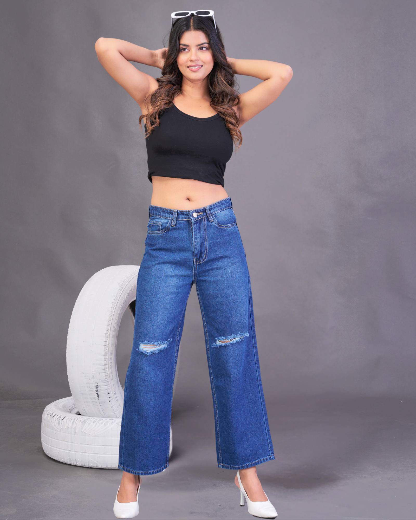 Chic Flare Distressed Jeans – - Main Image