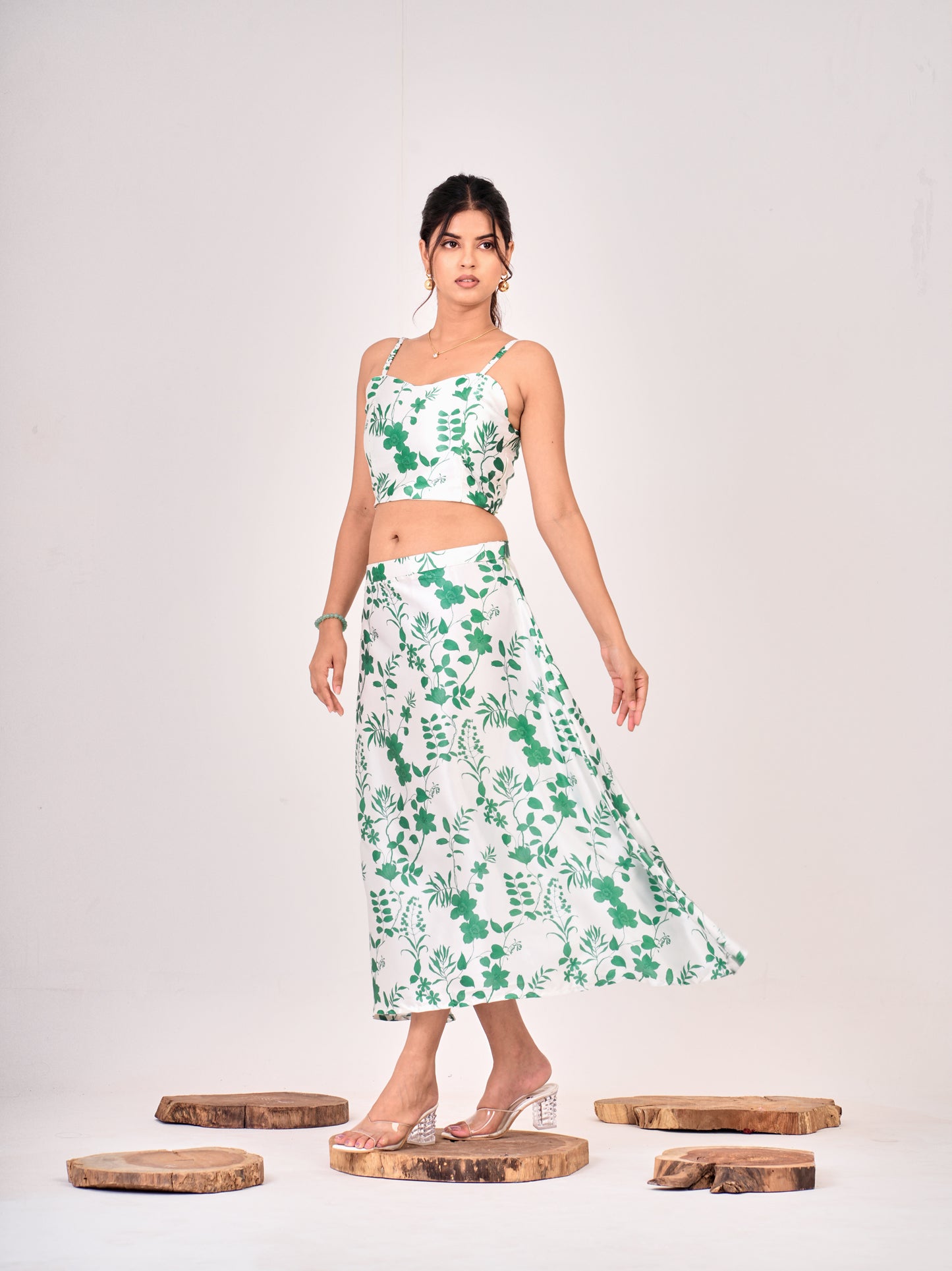 Emerald Blossom Satin Midi Set